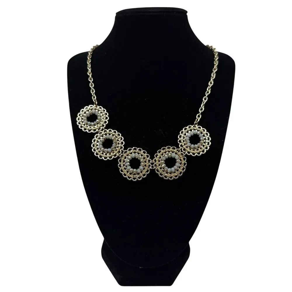 Gold Tone Scalloped Filigree Beaded Statement Collar Necklace Fashion Jewelry 17